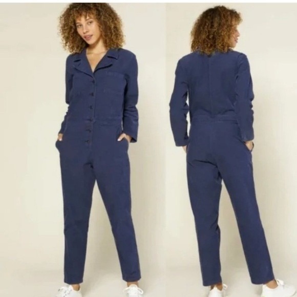 OUTERKNOWN Womens Jumpsuit Small Navy Blue Utility‎ Button Up Long Sleeve NWT